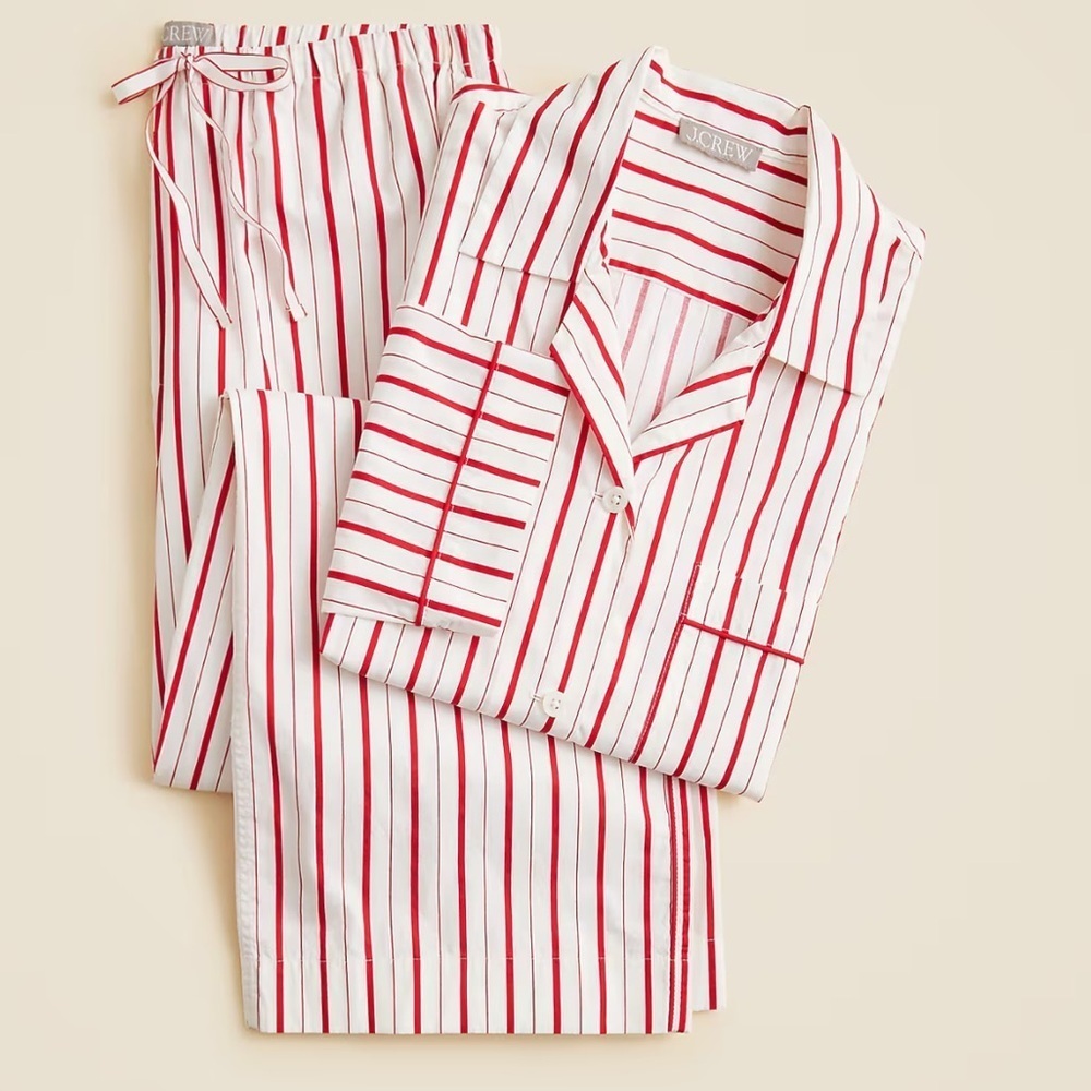 J crew Cotton poplin long-sleeve pajama pant set in peppermint stripe